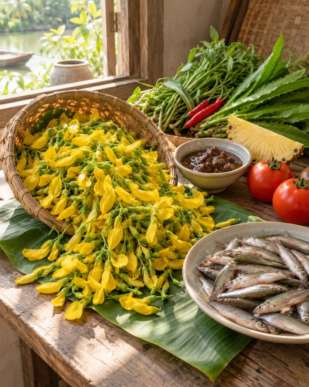 Rổ bông điên điển vàng bên cá linh, me, cà chua, thơm và rau thơm; ảnh minh họa AI