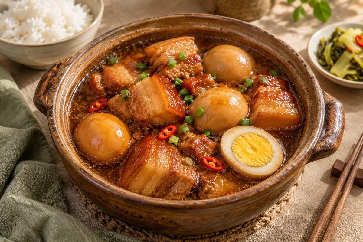 Ảnh minh họa AI nồi thịt kho tàu: ba rọi nâu hổ phách, trứng thấm nước kho, cơm trắng và dưa cải bên cạnh