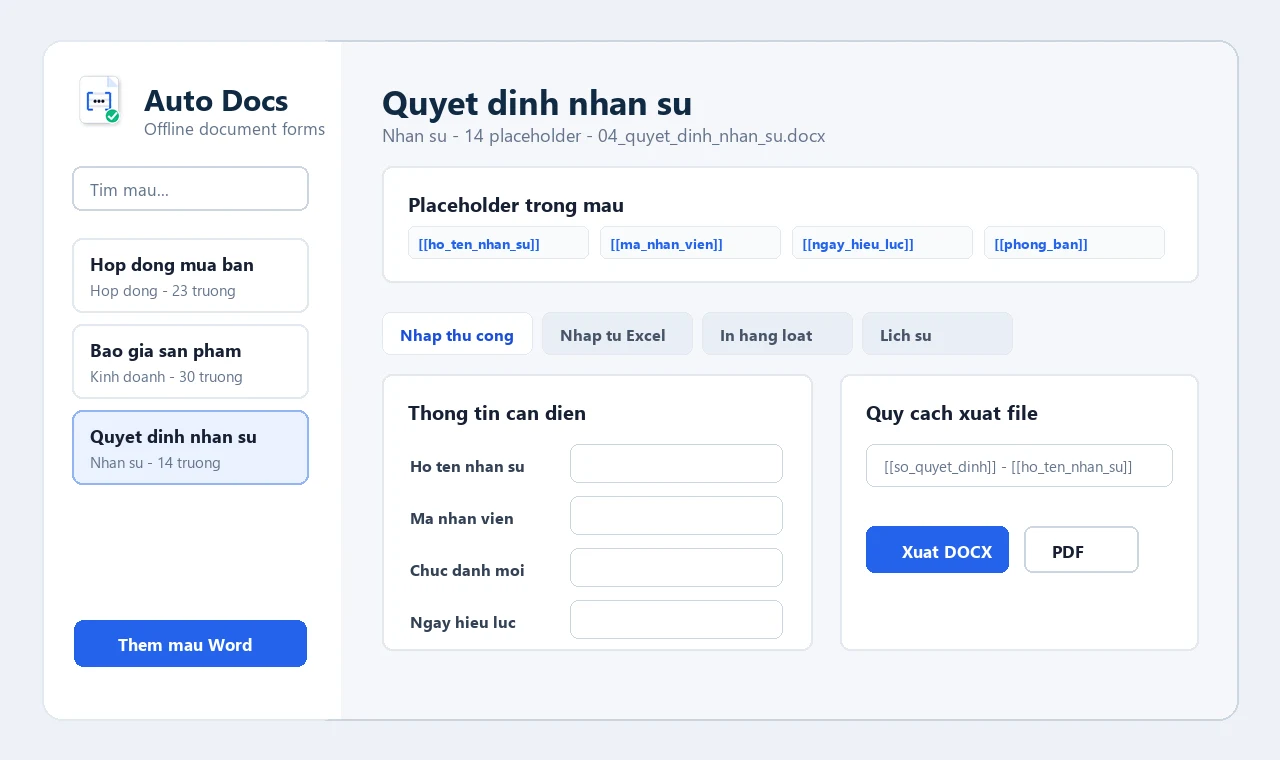 Ảnh xem trước Auto Docs: danh sách mẫu Word, các trường cần điền và nút xuất tài liệu.